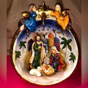 Nativity Scene in a Christmas Ball A king is Born Stars Sky Mary Joseph Angels